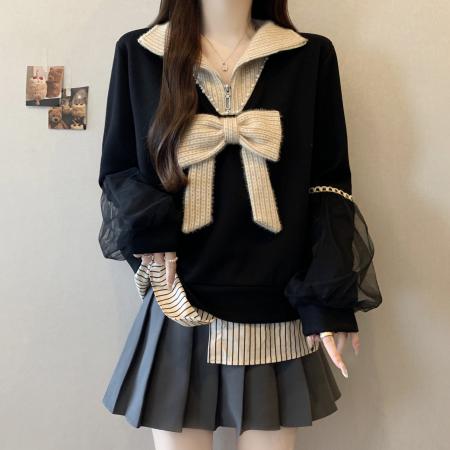 FA51119# 胖mm冬季新款假两件网纱拼接蝴蝶结长袖卫衣女气质减龄上衣 服裝批發女裝批發服飾貨源