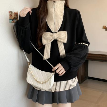 FA51119# 胖mm冬季新款假两件网纱拼接蝴蝶结长袖卫衣女气质减龄上衣 服裝批發女裝批發服飾貨源