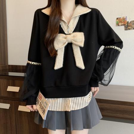 FA51119# 胖mm冬季新款假两件网纱拼接蝴蝶结长袖卫衣女气质减龄上衣 服裝批發女裝批發服飾貨源