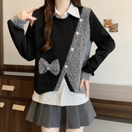 FA51120# 胖mm冬季新款假两件条纹拼接翻领长袖卫衣女减龄显瘦百搭上衣 服裝批發女裝批發服飾貨源