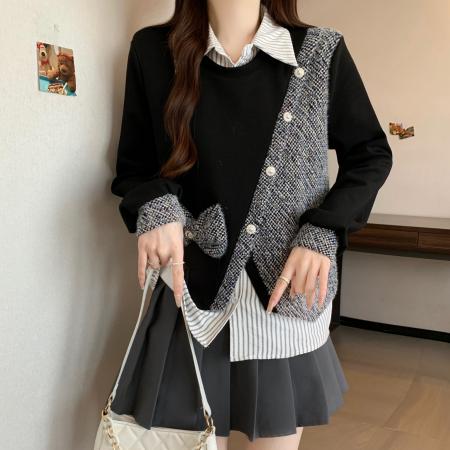 FA51120# 胖mm冬季新款假两件条纹拼接翻领长袖卫衣女减龄显瘦百搭上衣 服裝批發女裝批發服飾貨源