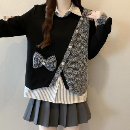 FA51120# 胖mm冬季新款假两件条纹拼接翻领长袖卫衣女减龄显瘦百搭上衣 服裝批發女裝批發服飾貨源