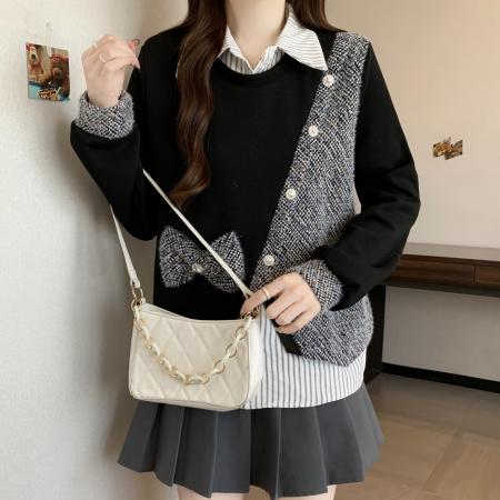 FA51120# 胖mm冬季新款假两件条纹拼接翻领长袖卫衣女减龄显瘦百搭上衣 服裝批發女裝批發服飾貨源