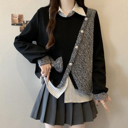 FA51120# 胖mm冬季新款假两件条纹拼接翻领长袖卫衣女减龄显瘦百搭上衣 服裝批發女裝批發服飾貨源