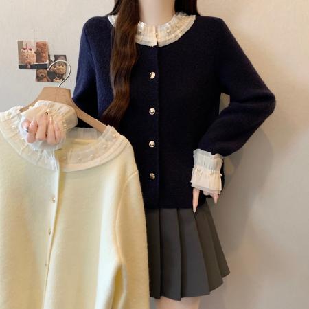 FA51121# 大码木耳边钉珠针织开衫女秋冬新款设计感法式女设计感上衣 服裝批發女裝批發服飾貨源