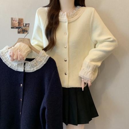 FA51121# 大码木耳边钉珠针织开衫女秋冬新款设计感法式女设计感上衣 服裝批發女裝批發服飾貨源