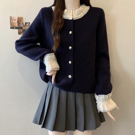 FA51121# 大码木耳边钉珠针织开衫女秋冬新款设计感法式女设计感上衣 服裝批發女裝批發服飾貨源