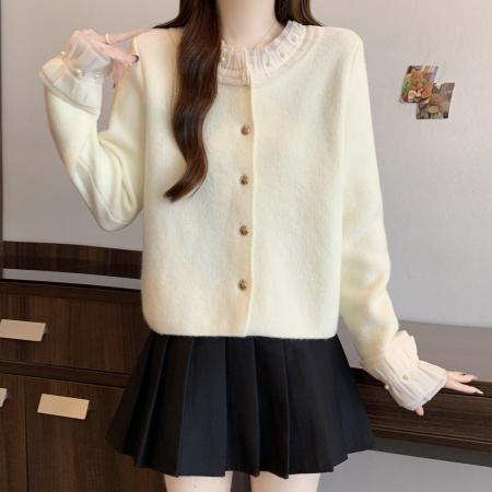 FA51121# 大码木耳边钉珠针织开衫女秋冬新款设计感法式女设计感上衣 服裝批發女裝批發服飾貨源