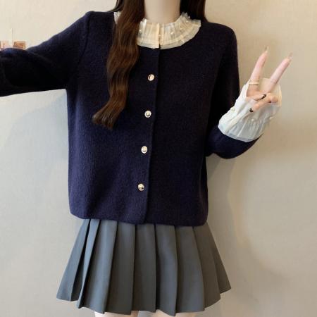 FA51121# 大码木耳边钉珠针织开衫女秋冬新款设计感法式女设计感上衣 服裝批發女裝批發服飾貨源