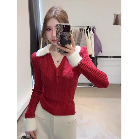 FA51123# 红色撞色v领麻花毛衣女款新款冬季圣诞穿搭内搭修身针织上衣 服裝批發女裝批發服飾貨源