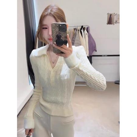 FA51123# 红色撞色v领麻花毛衣女款新款冬季圣诞穿搭内搭修身针织上衣 服裝批發女裝批發服飾貨源