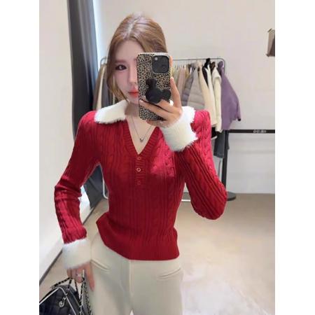 FA51123# 红色撞色v领麻花毛衣女款新款冬季圣诞穿搭内搭修身针织上衣 服裝批發女裝批發服飾貨源