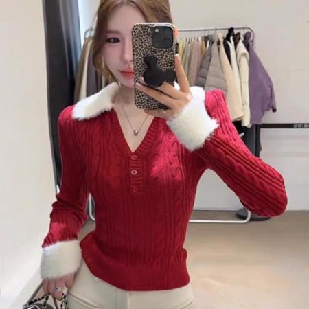 FA51123# 红色撞色v领麻花毛衣女款新款冬季圣诞穿搭内搭修身针织上衣 服裝批發女裝批發服飾貨源