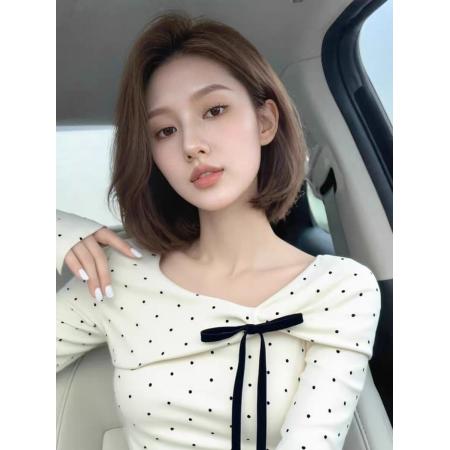 FA51125# 春秋新款韩版美式满印波点蝴蝶结长袖上衣女甜美温柔修身打底衫潮 服裝批發女裝批發服飾貨源