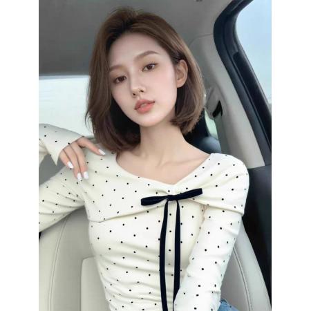 FA51125# 春秋新款韩版美式满印波点蝴蝶结长袖上衣女甜美温柔修身打底衫潮 服裝批發女裝批發服飾貨源