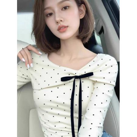 FA51125# 春秋新款韩版美式满印波点蝴蝶结长袖上衣女甜美温柔修身打底衫潮 服裝批發女裝批發服飾貨源