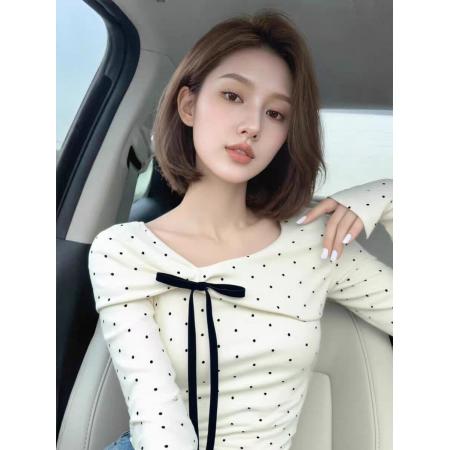 FA51125# 春秋新款韩版美式满印波点蝴蝶结长袖上衣女甜美温柔修身打底衫潮 服裝批發女裝批發服飾貨源