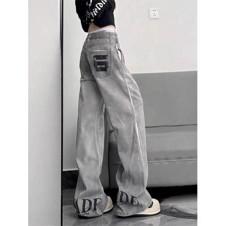 FA51126# 韩国chic新款字母斜切弯刀牛仔裤女美式高街小众直筒微喇叭裤子 服裝批發女裝批發服飾貨源