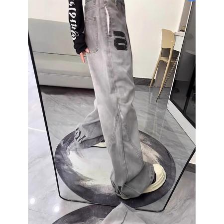 FA51126# 韩国chic新款字母斜切弯刀牛仔裤女美式高街小众直筒微喇叭裤子 服裝批發女裝批發服飾貨源