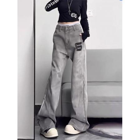 FA51126# 韩国chic新款字母斜切弯刀牛仔裤女美式高街小众直筒微喇叭裤子 服裝批發女裝批發服飾貨源