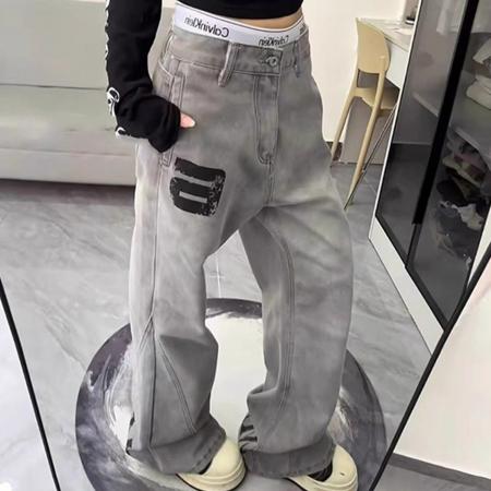FA51126# 韩国chic新款字母斜切弯刀牛仔裤女美式高街小众直筒微喇叭裤子 服裝批發女裝批發服飾貨源