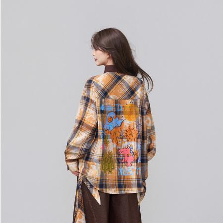 FA51127# 韩国chic秋季格纹长袖衬衫女元气感涂鸦印花撞色翻领外套上衣 服裝批發女裝批發服飾貨源