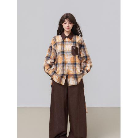 FA51127# 韩国chic秋季格纹长袖衬衫女元气感涂鸦印花撞色翻领外套上衣 服裝批發女裝批發服飾貨源