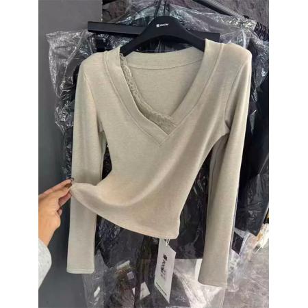 FA51128# 秋冬新款韩版美式V领蕾丝拼接打底衫女磨毛修身纯欲风辣妹上衣潮 服裝批發女裝批發服飾貨源