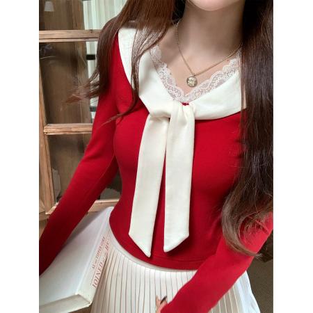 FA51129# 新款红莓清酒圣诞穿搭红色毛衣女秋冬内搭设计感长袖针织辣妹上衣 服裝批發女裝批發服飾貨源