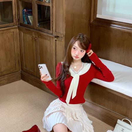 FA51129# 新款红莓清酒圣诞穿搭红色毛衣女秋冬内搭设计感长袖针织辣妹上衣 服裝批發女裝批發服飾貨源