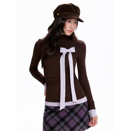 FA51130# 新款蝴蝶结加绒长袖T恤女秋冬修身半高领咖色复古打底衫辣妹上衣 服裝批發女裝批發服飾貨源