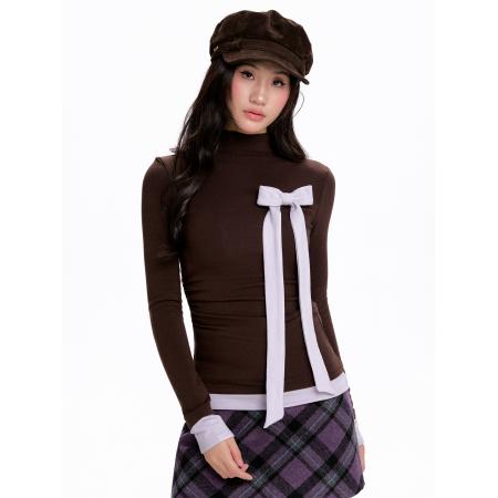 FA51130# 新款蝴蝶结加绒长袖T恤女秋冬修身半高领咖色复古打底衫辣妹上衣 服裝批發女裝批發服飾貨源