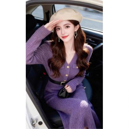 FA51132# 御姐风独特超好看紫色V领收腰修身包臀裙时尚气质针织连衣裙 服裝批發女裝批發服飾貨源