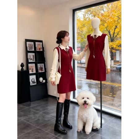 FA51133# 学院风假两件针织连衣裙女秋冬新款设计感气质减龄洋气毛衣裙 服裝批發女裝批發服飾貨源