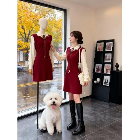 FA51133# 学院风假两件针织连衣裙女秋冬新款设计感气质减龄洋气毛衣裙 服裝批發女裝批發服飾貨源