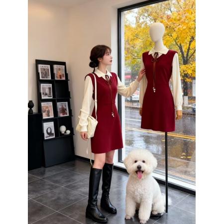 FA51133# 学院风假两件针织连衣裙女秋冬新款设计感气质减龄洋气毛衣裙 服裝批發女裝批發服飾貨源