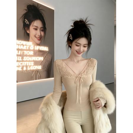 FA51134# 春季嗲欲辣妹性感蕾丝V领拼接长袖T恤女士内搭打底上衣 服裝批發女裝批發服飾貨源