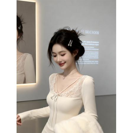 FA51134# 春季嗲欲辣妹性感蕾丝V领拼接长袖T恤女士内搭打底上衣 服裝批發女裝批發服飾貨源