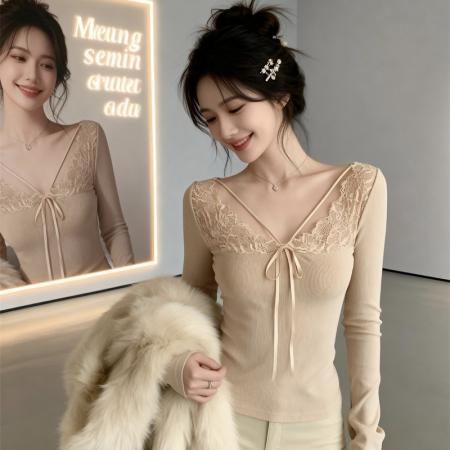 FA51134# 春季嗲欲辣妹性感蕾丝V领拼接长袖T恤女士内搭打底上衣 服裝批發女裝批發服飾貨源
