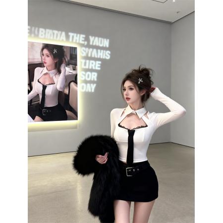 FA51135# 春季嗲欲辣妹领带设计镂空蕾丝V领衬衫女修身长袖T恤内搭 服裝批發女裝批發服飾貨源