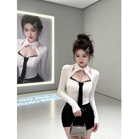 FA51135# 春季嗲欲辣妹领带设计镂空蕾丝V领衬衫女修身长袖T恤内搭 服裝批發女裝批發服飾貨源