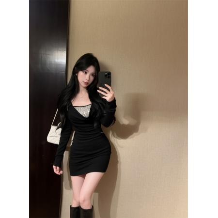 FA51136# 冬季薄绒纯欲风带胸垫荡领亮片领假两件长袖包臀连衣裙女 服裝批發女裝批發服飾貨源