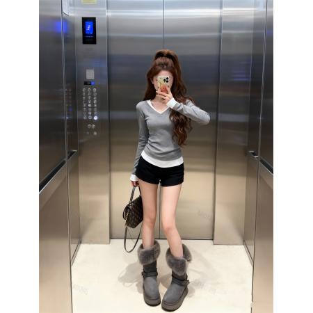 FA51137# 秋冬纯欲中长款撞色加绒小衫女士显瘦上衣V领体恤内搭 服裝批發女裝批發服飾貨源