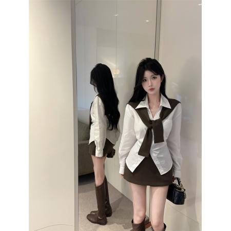 FA51138# 春款收腰设计长袖衬衫+披肩+多穿法包臀半身裙三件套女 服裝批發女裝批發服飾貨源