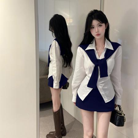 FA51138# 春款收腰设计长袖衬衫+披肩+多穿法包臀半身裙三件套女 服裝批發女裝批發服飾貨源