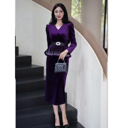 FA51141# 炸街网红爆款秋新款时髦气质优雅金丝绒时尚名媛风连衣裙 服裝批發女裝批發服飾貨源