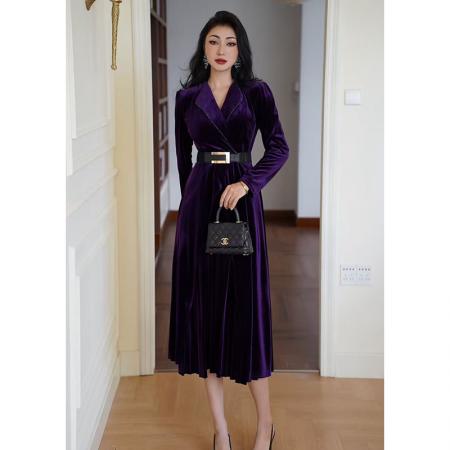 FA51142# 金丝绒连衣裙女秋冬新款法式高级感气质V领长袖收腰显瘦百褶长裙 服裝批發女裝批發服飾貨源