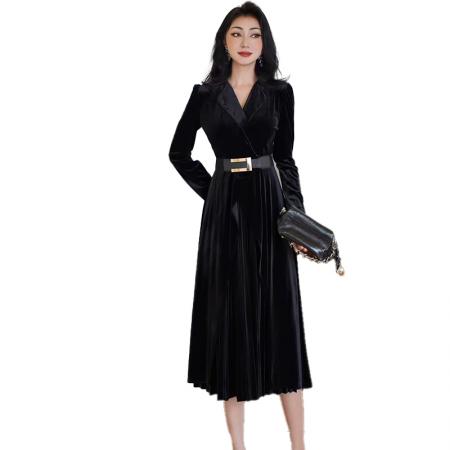 FA51142# 金丝绒连衣裙女秋冬新款法式高级感气质V领长袖收腰显瘦百褶长裙 服裝批發女裝批發服飾貨源