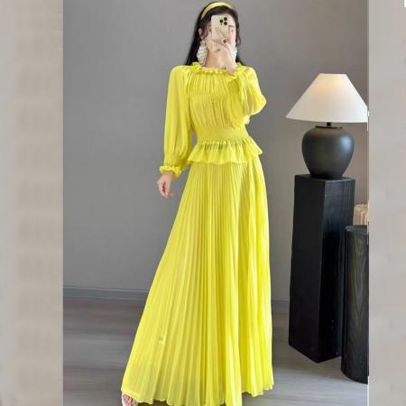 FA51143# 高端雪纺连衣裙女夏新款长袖气质收腰海边度假大摆长裙沙滩裙 服裝批發女裝批發服飾貨源