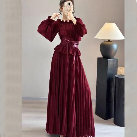 FA51143# 高端雪纺连衣裙女夏新款长袖气质收腰海边度假大摆长裙沙滩裙 服裝批發女裝批發服飾貨源